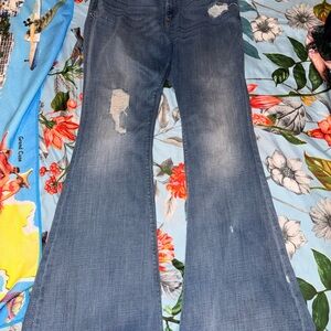 Women's Blue Distressed Flared Jeans